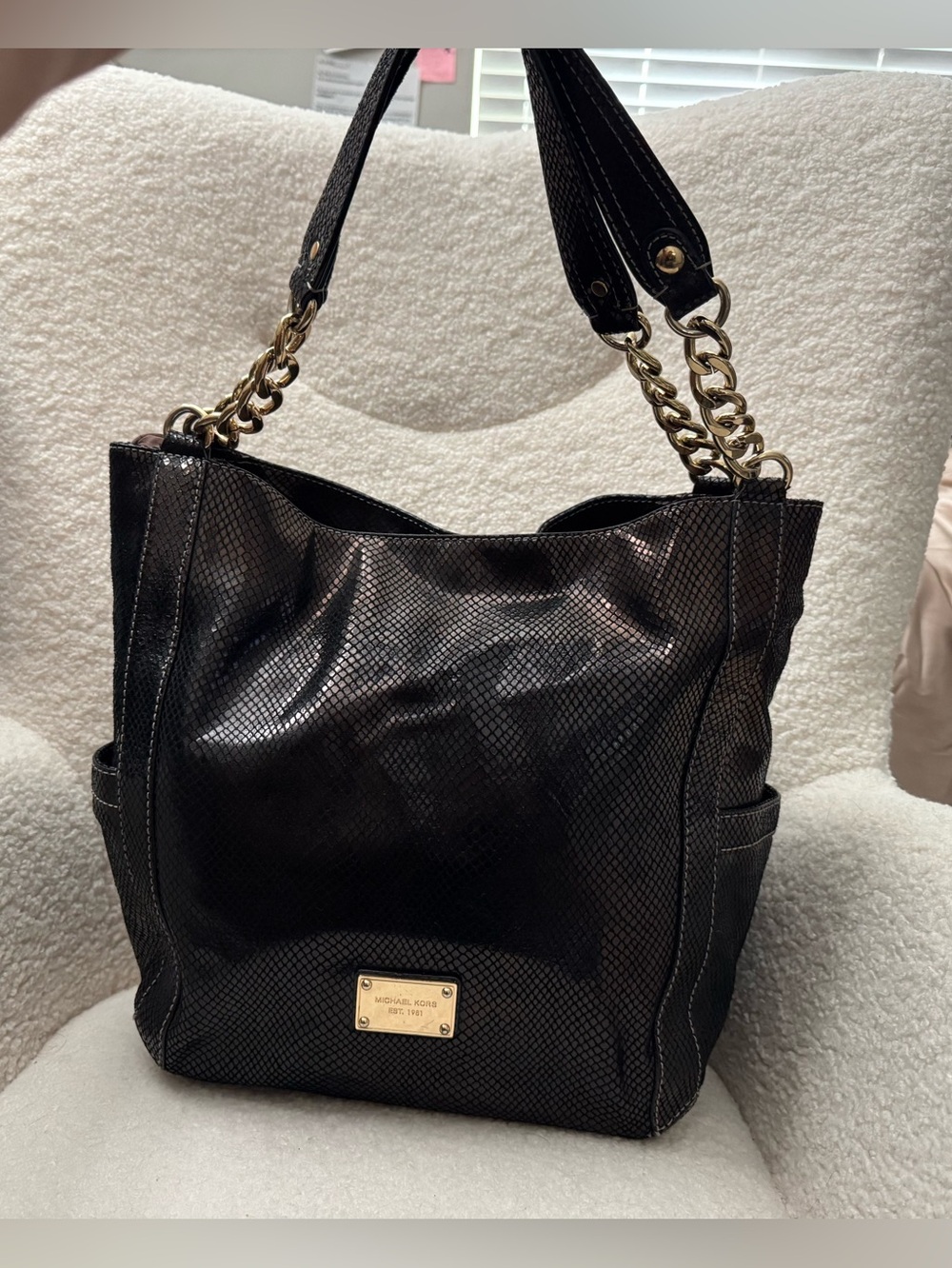 Michael Kors Black Snakeskin-Effect Shoulder Bag with Gold Chain